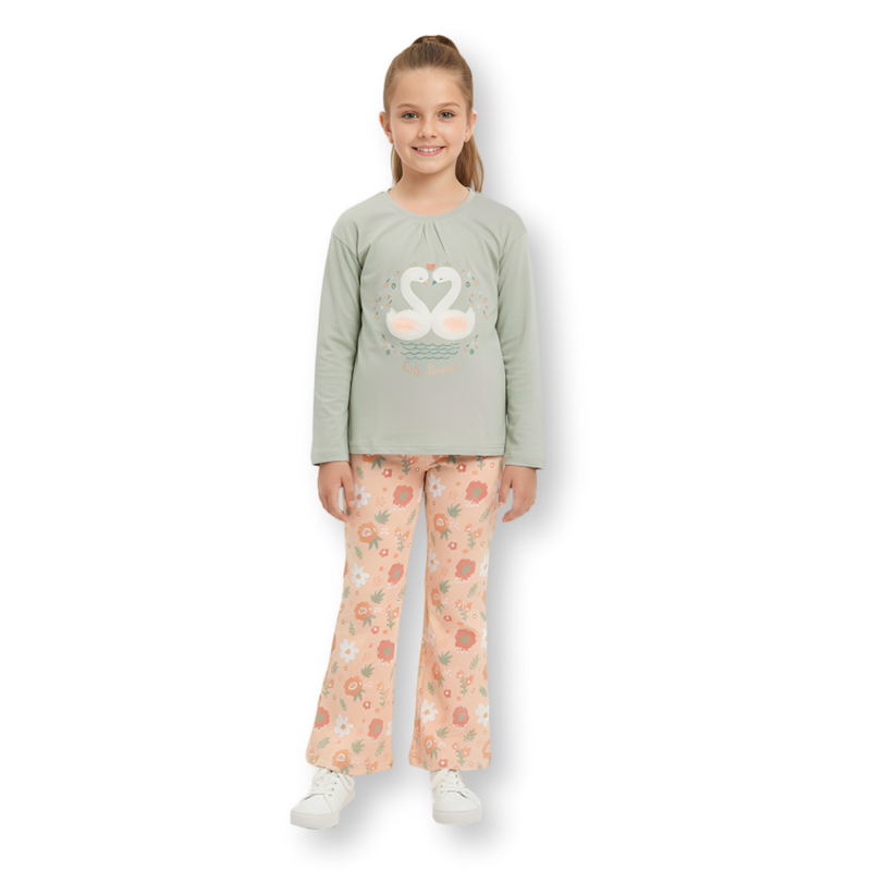 Genius - 2pc-Set - Girl's Sweatshirt & Flare Legging - Green/Beige