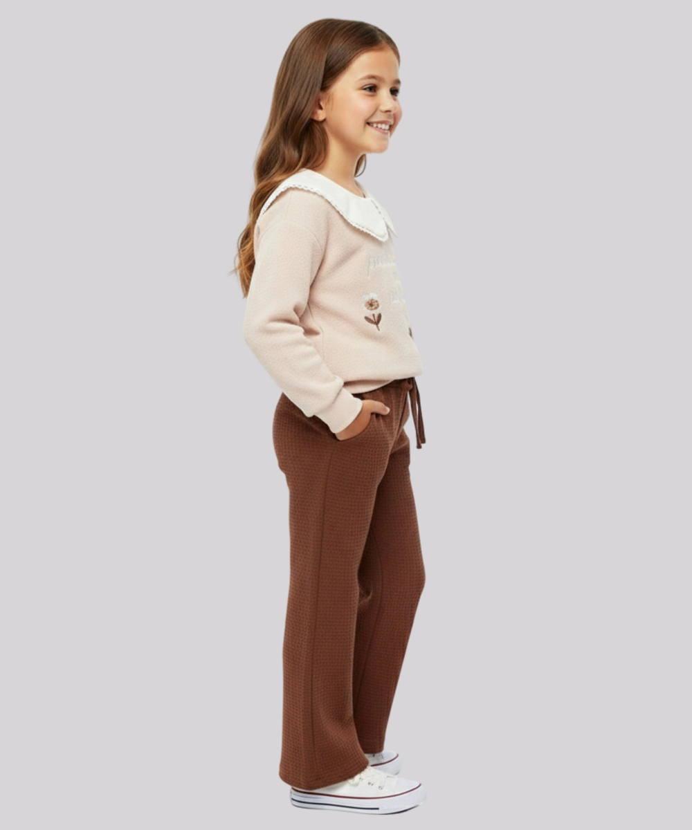 Genius - 2pc-Set - Girl's Sweatshirt & Waffle Flared Pant - Brown