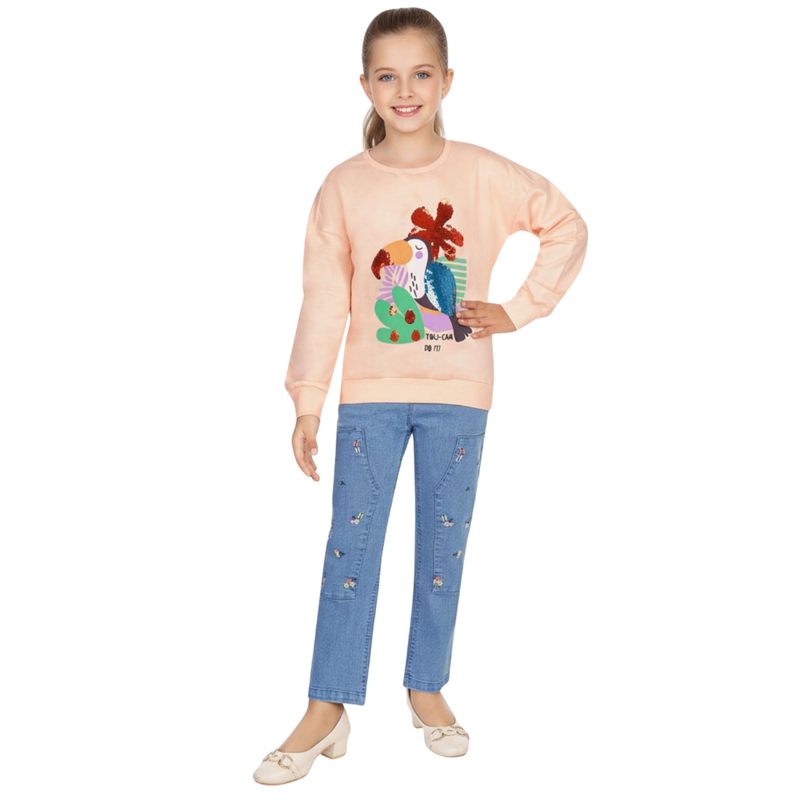 Genius - 2pc-Set - Girl's Sweatshirt & Denim Jeans - Peach/Blue