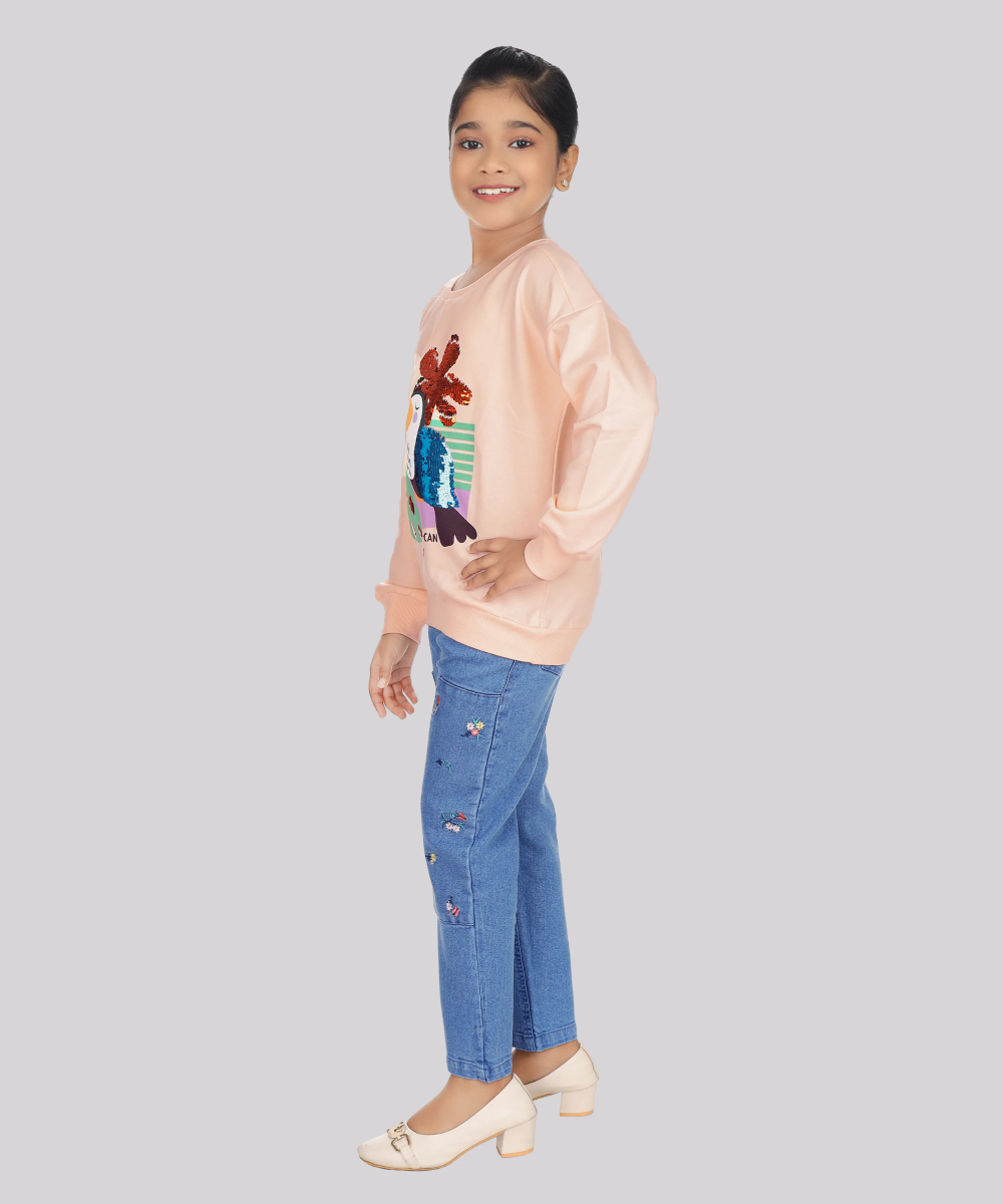 Genius - 2pc-Set - Girl's Sweatshirt & Denim Jeans - Peach/Blue
