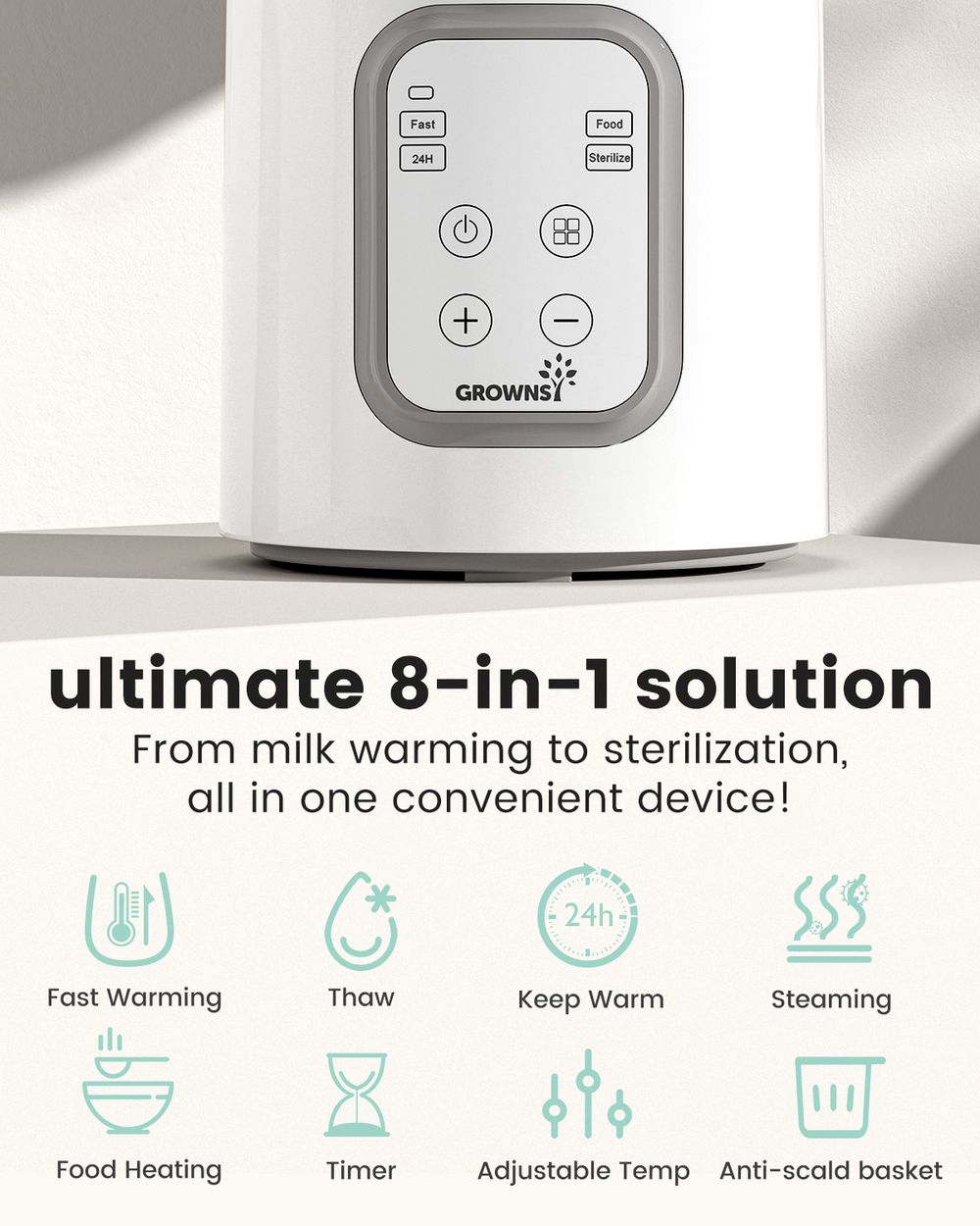 Grownsy - 8-in-1 Bottle Warmer For Breast Milk & Formula-Temp Control & Sterilize-White