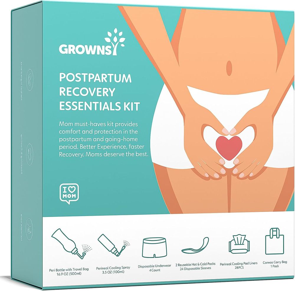 Grownsy - Postpartum Recovery Kit with Peri Bottle - Ice Packs & Underwear - Multicolor
