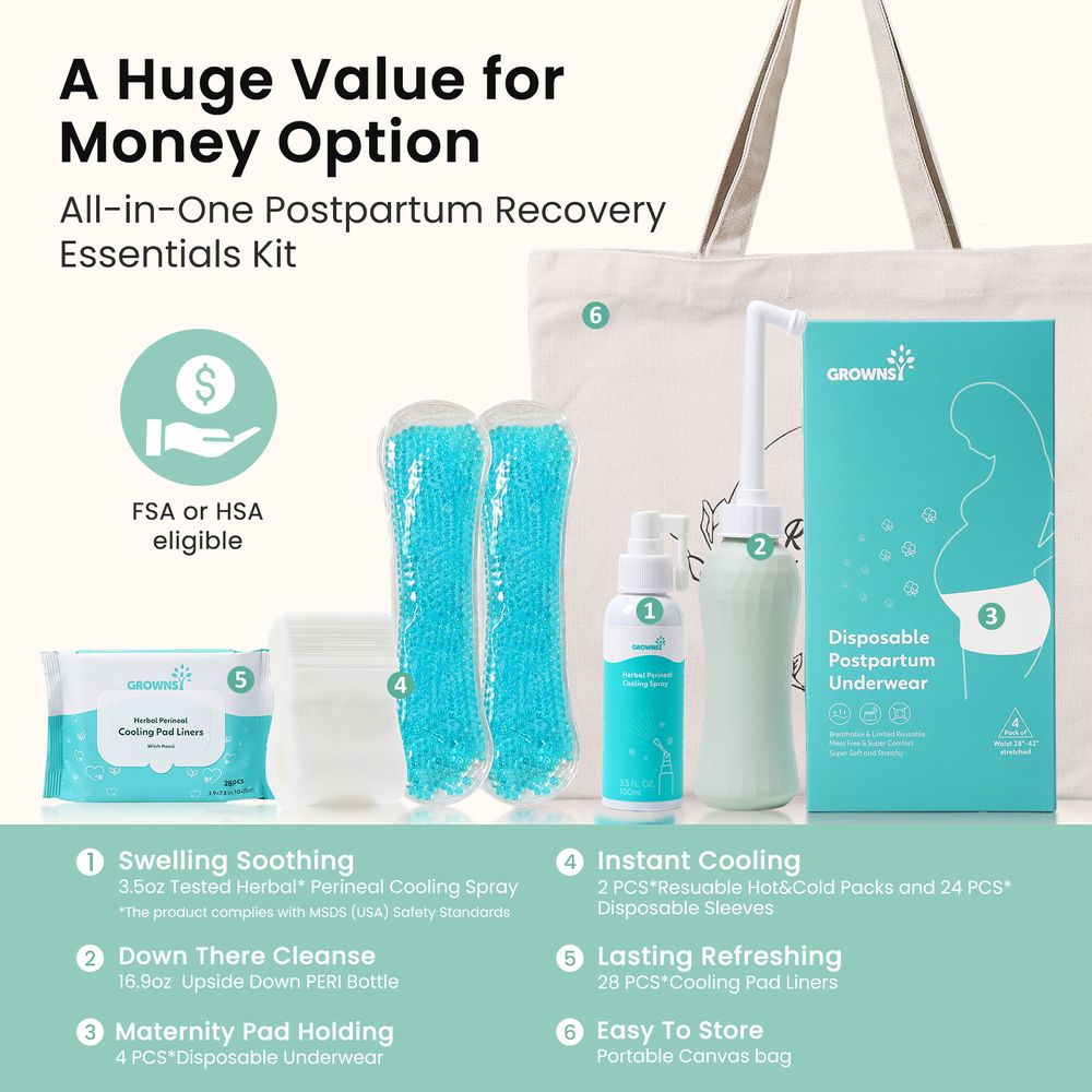 Grownsy - Postpartum Recovery Kit with Peri Bottle - Ice Packs & Underwear - Multicolor