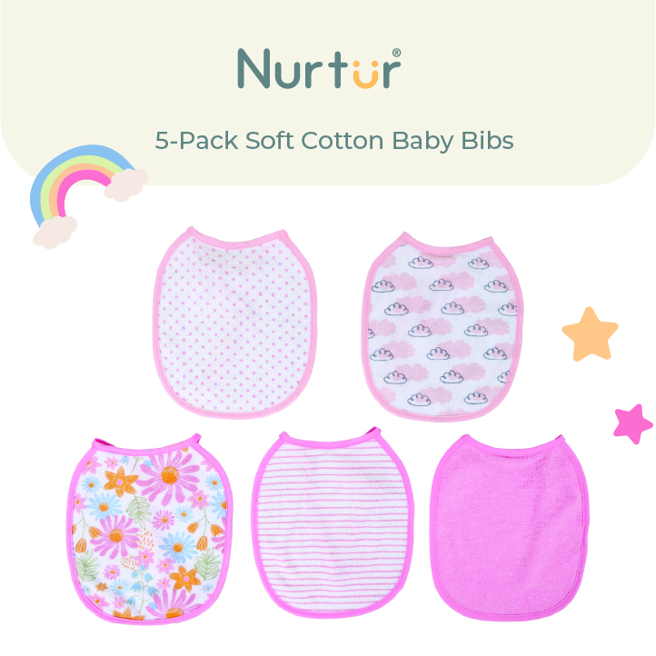 Nurtur Cozi - Baby Girl's Printed Cotton Bibs - Pack of 5 - Pink