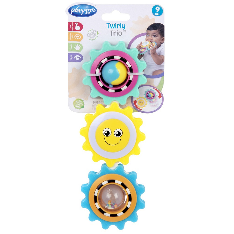 Playgro - Twirly Trio Spinning Gears Rattle Motor Skills Development Toy