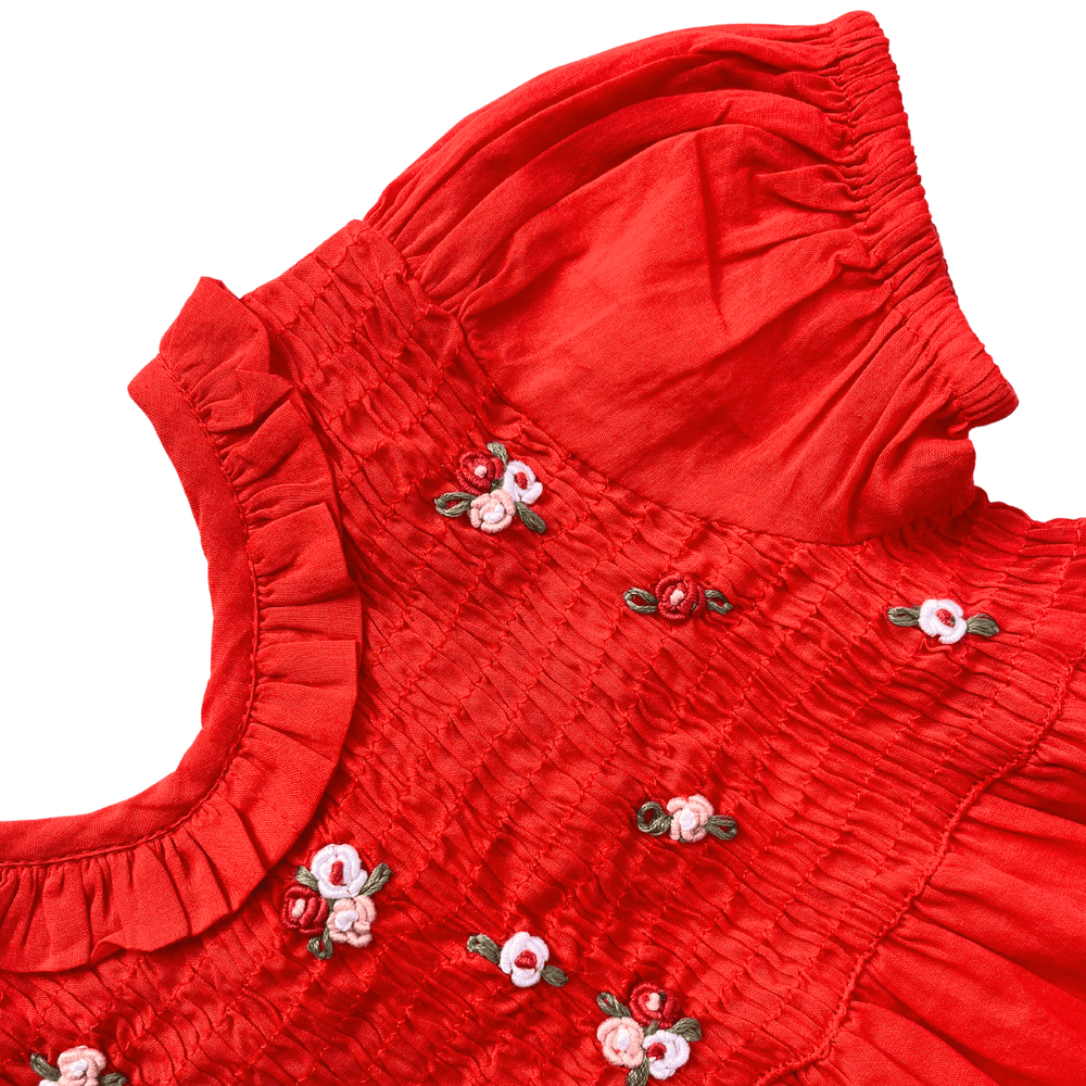 Next of Kin - Lilah Smocked Embroidered Dress - Red