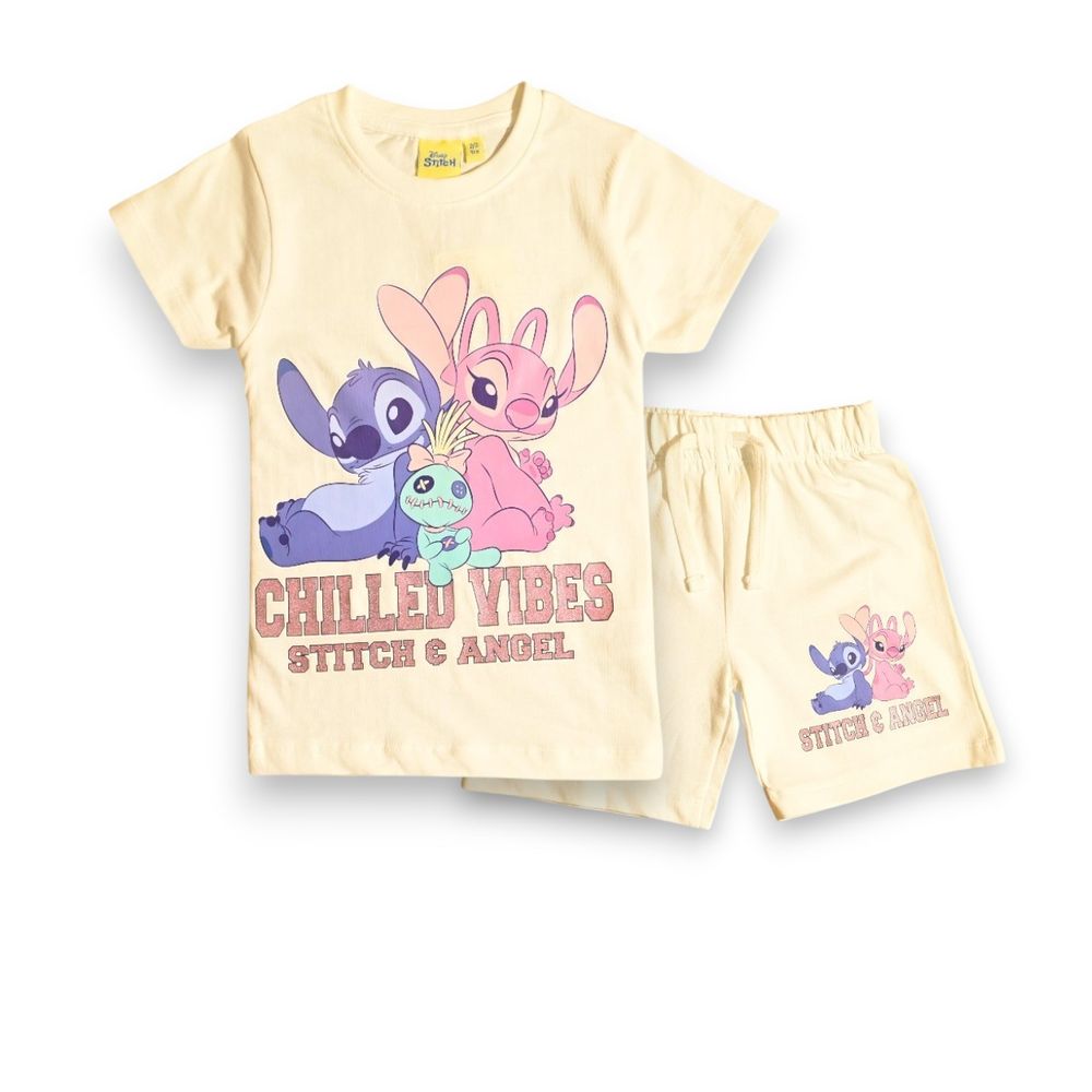 Lilo & Stitch - 2pc-Set - Girls' Chilled Vibes Printed T-Shirt & Shorts - Beige