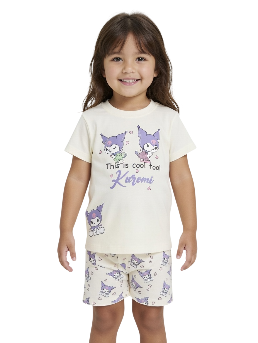Kuromi - 2pc-Set - Girl's Printed Short Sleeves T-Shirt & Shorts - White