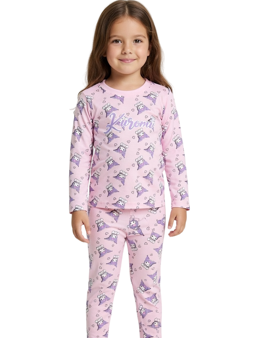 Kuromi - 2pc-Set - Girl's Printed Long Sleeves T-Shirt & Pants - Pink