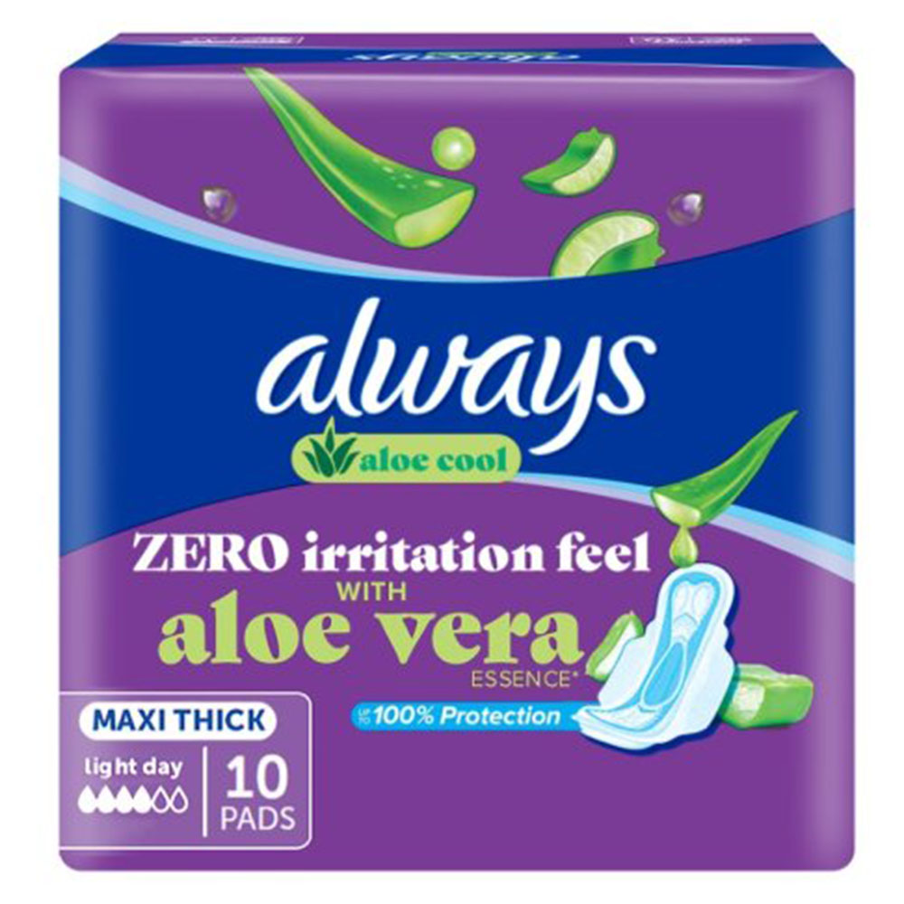 Always Cool & Dry No Heat Feel, Maxi Thick, Large Sanitary Pads with Wings, 10Pcs