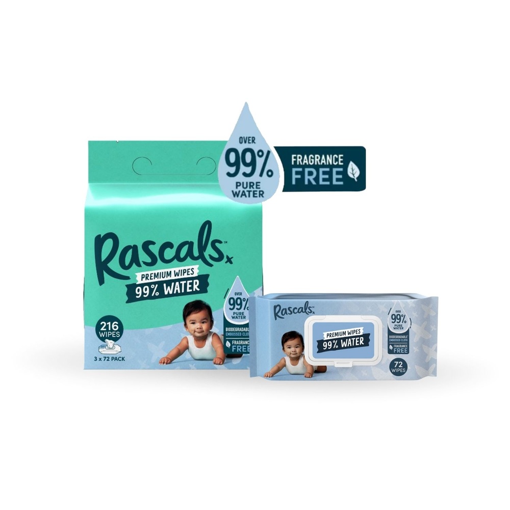 Rascals Premium Water Wipes - 3 x 72 Ply - Pack Of 3