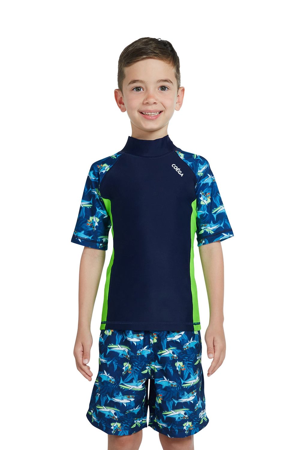 Coega Sunwear - Boys' Short Sleeves Rashguard - Navy Sharks