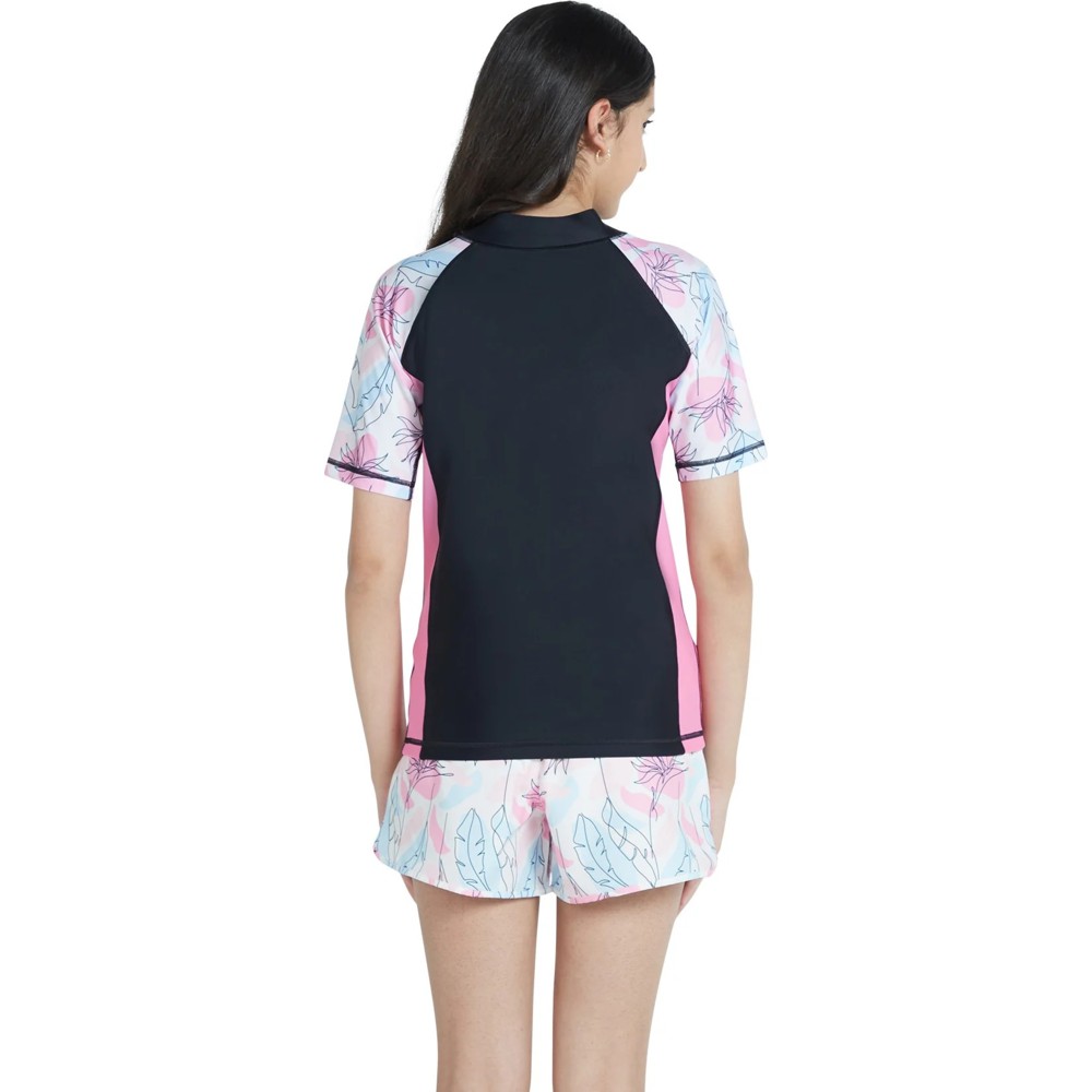 Coega Sunwear - Girl's Short Sleeves Rashguard - Black Nero Floral Drawings