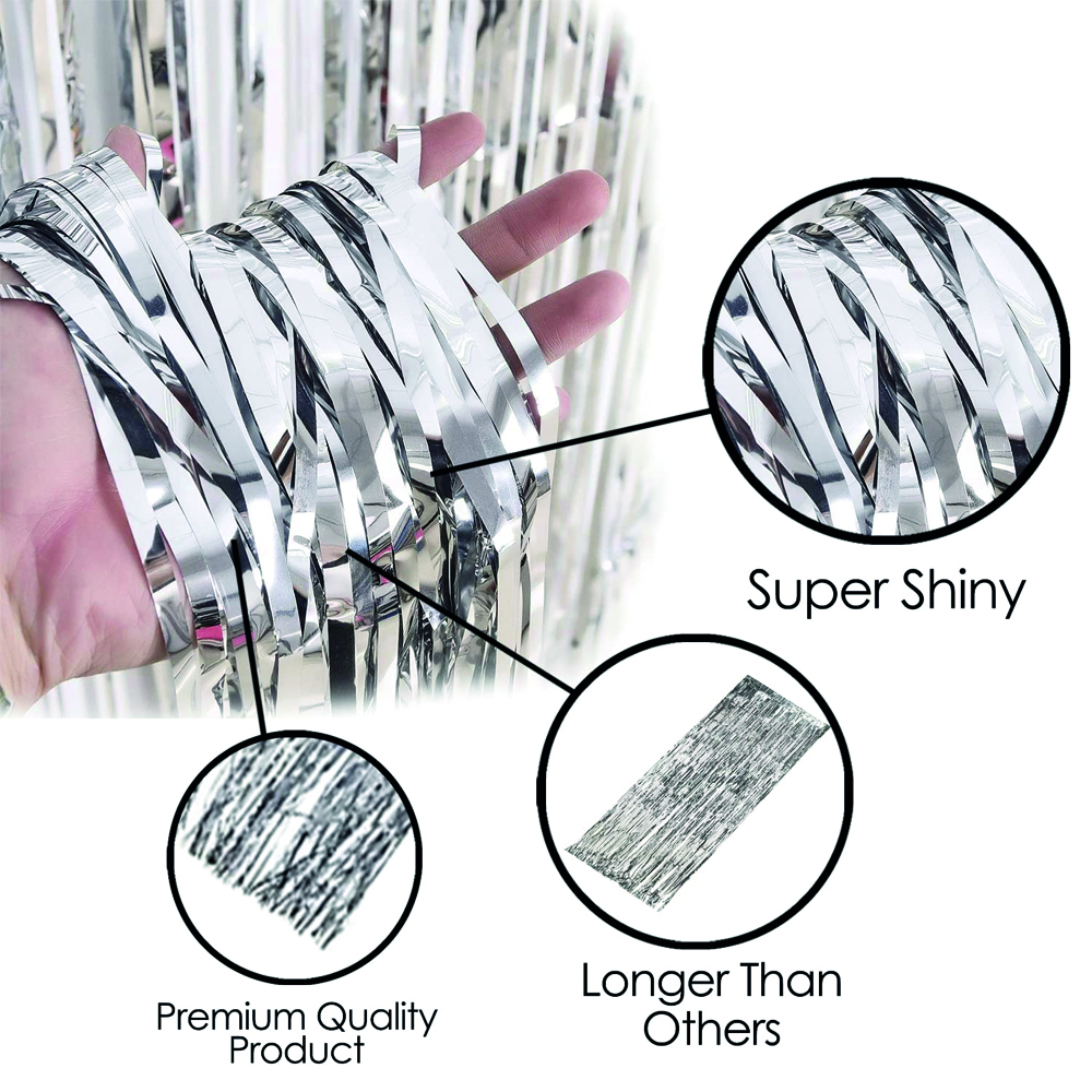 BrainGiggles - Birthday Party Metallic Foil Fringe Backdrop Curtain - 6ft X 3ft - Silver