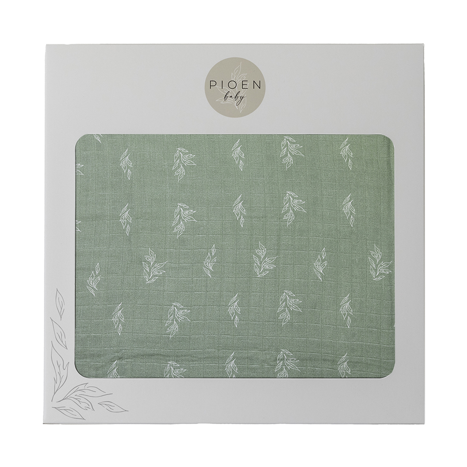 Pioen Baby - Organic Cotton Leave Printed Muslin Swaddle - Soft Green