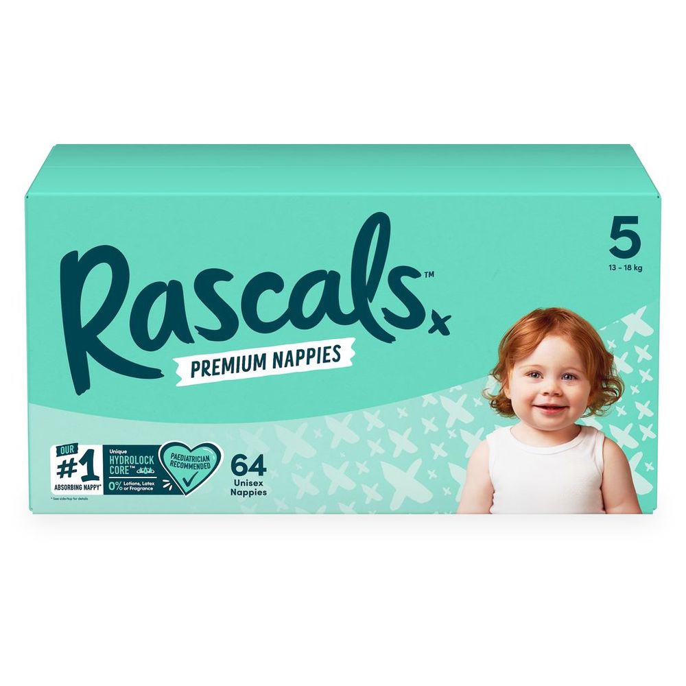 Rascals Premium Baby Diapers Jumbo Box - Size 5 - 13-18 kg - 64 Pcs