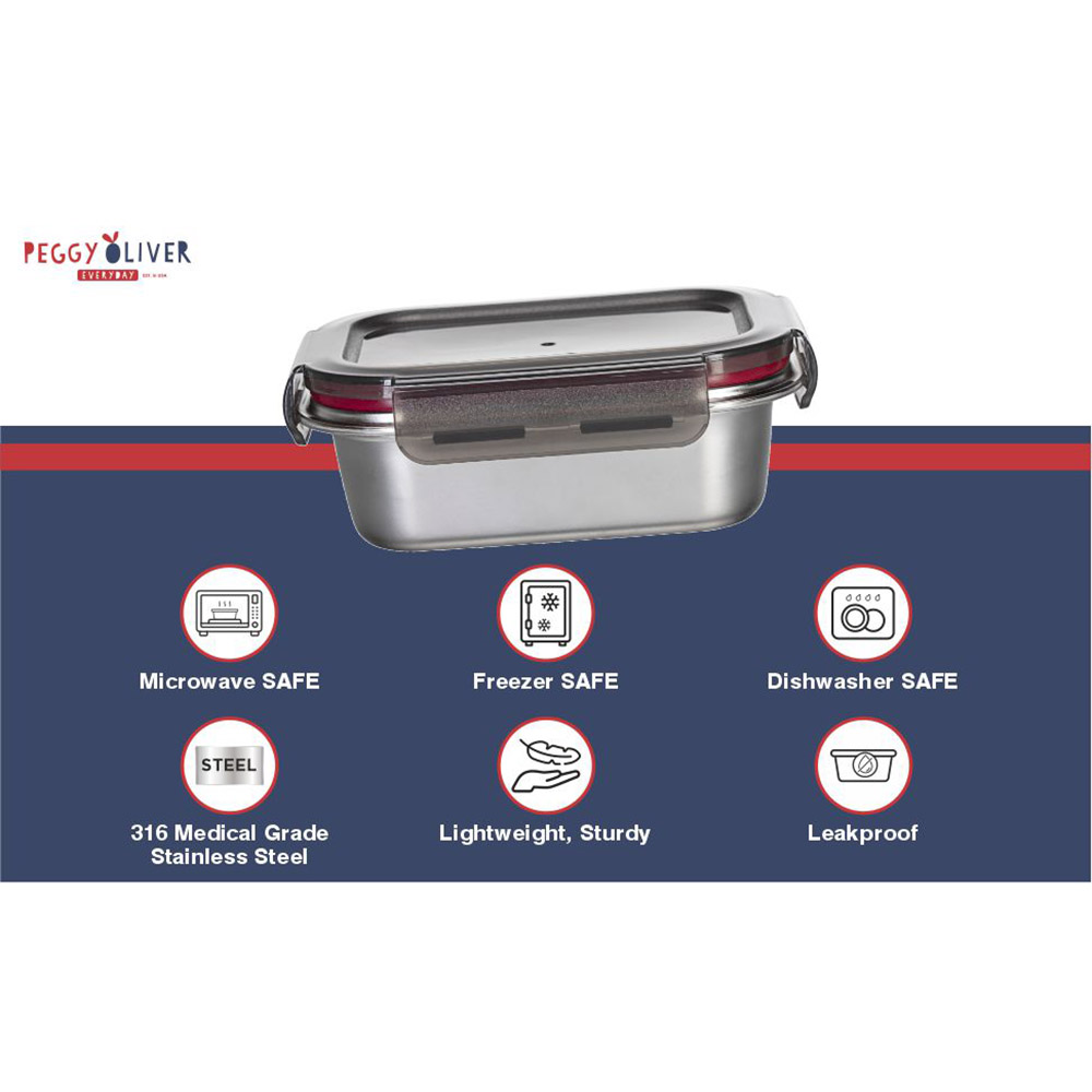 Peggy Oliver - Everyday Rectangle Stainless Steel Container With Airtight Locking Lid - Black