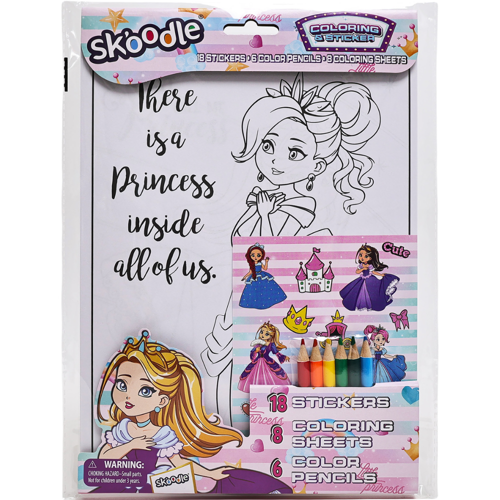 Skoodle Princess Coloring Sheet & Sticker With Color Pencil Set - Multicolor - 32 Pcs