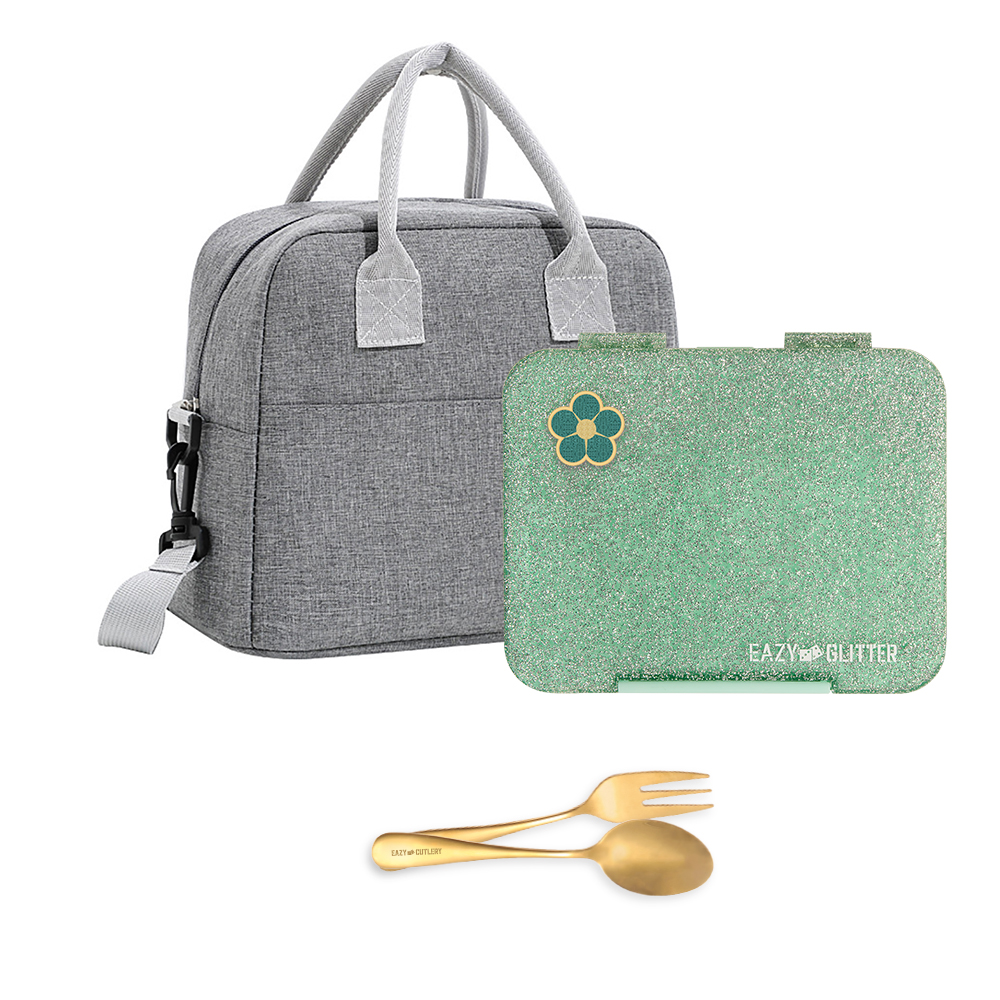 Eazy Kids - Convertible Bento Lunch Box W/ Lunch Bag & Cutlery - Glitter Green/Grey