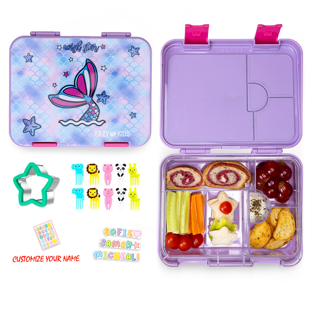 Eazy Kids - 6&4 Convertible Bento Lunch Box with Lunch Bag & Sandwich Cutter Set - Purple