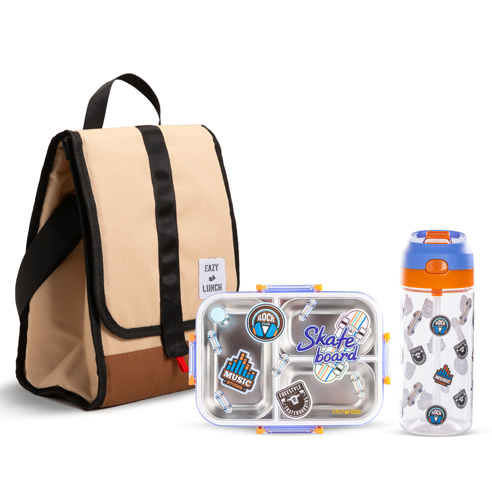Eazy Kids - 800ml Lunch Box with 500ml Water Bottle & Lunch Bag - Blue/Ivory