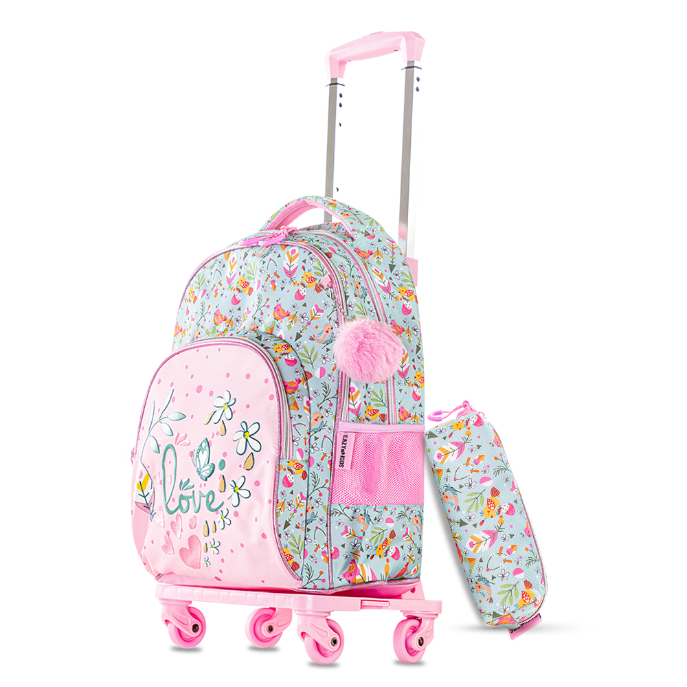 Eazy Kids - Girl's Backpack with Trolley & Pencil Case Set - Love Pink
