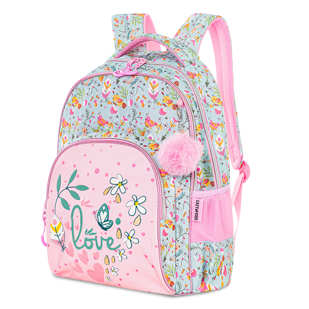 Eazy Kids - Girl's Backpack with Trolley & Pencil Case Set - Love Pink
