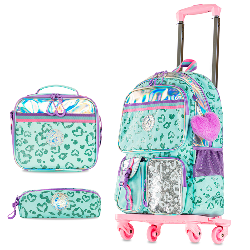 Eazy Kids - Girl's Backpack with Trolley, Pencil Case & Lunch Bag Set - Love Green
