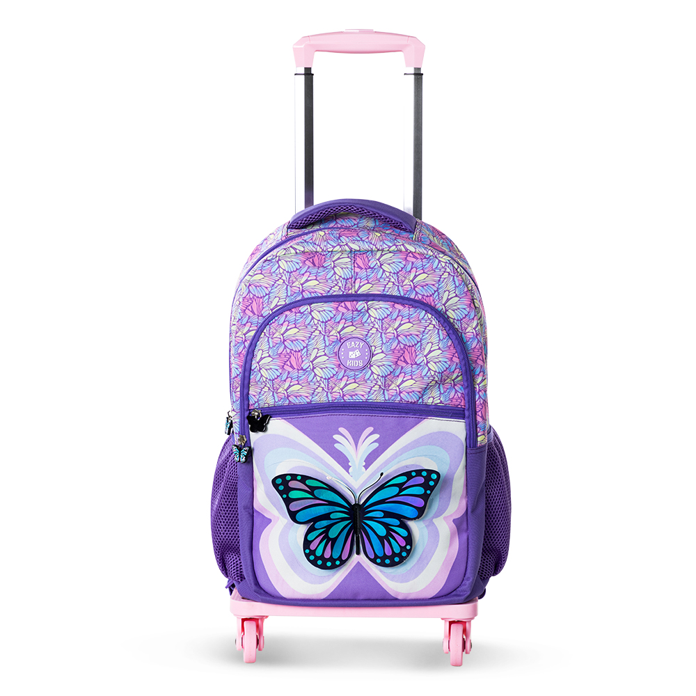 Eazy Kids - Girl's Backpack with Trolley, Pencil Case & Lunch Bag Set - 3D Butterfly Purple