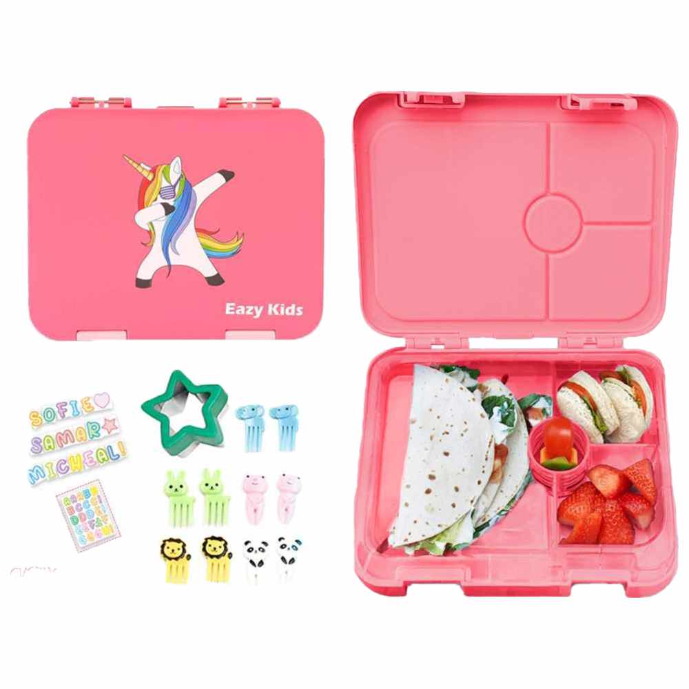 Eazy Kids - Personalized 4-Compartment Bento Lunch Box Set - Unicorn Pink