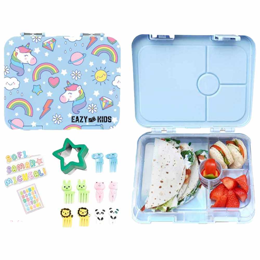 Eazy Kids - Personalized 4-Compartment Bento Lunch Box Set - Unicorn Blue