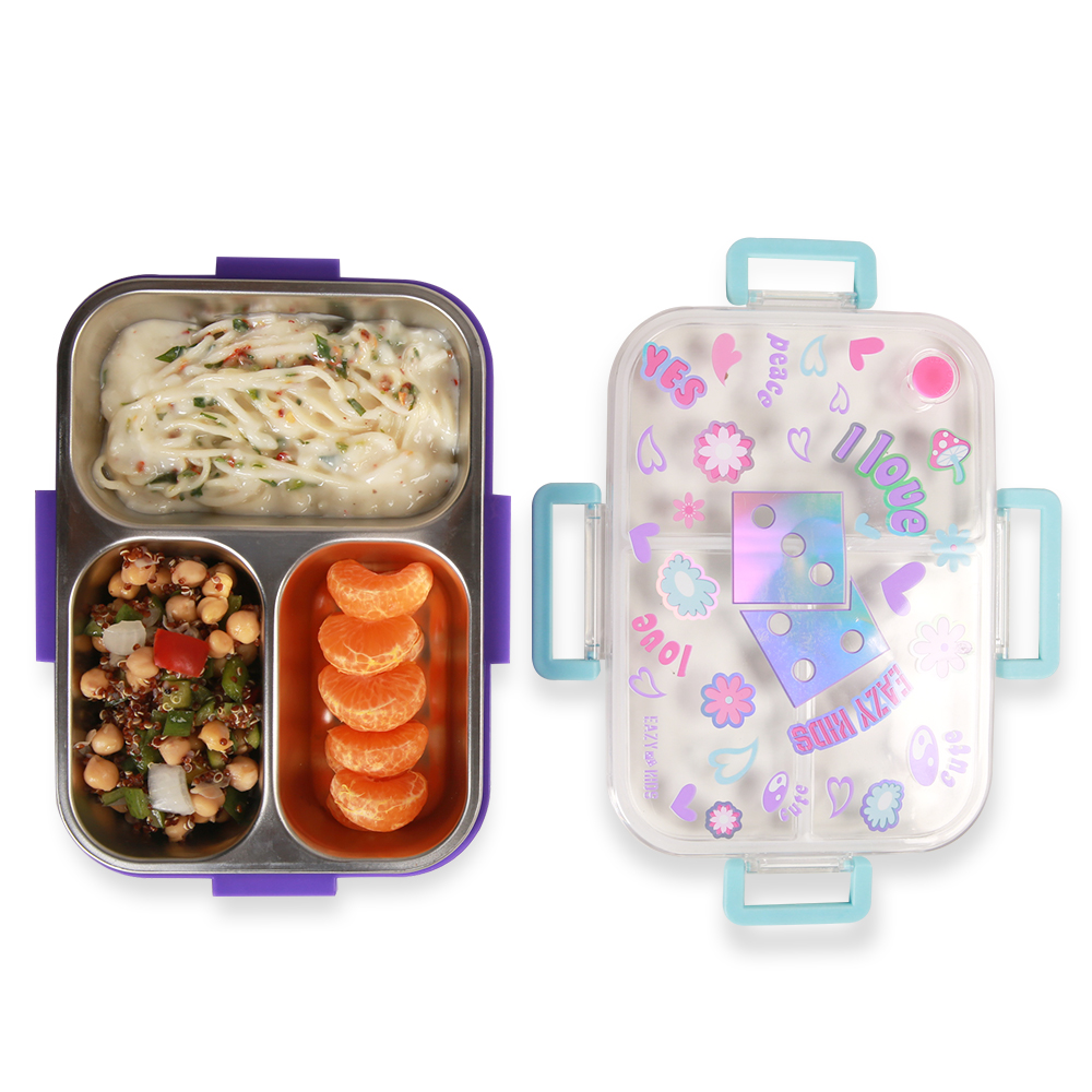 Eazy Kids - 3 Compartment Steel Bento Lunch Box 800ml - Floral Purple