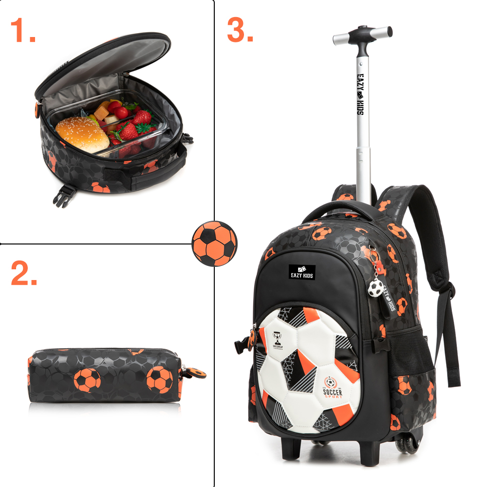 Eazy Kids - Trolley School Bag 3Pc Set - Football Black - 18-Inch/46cm