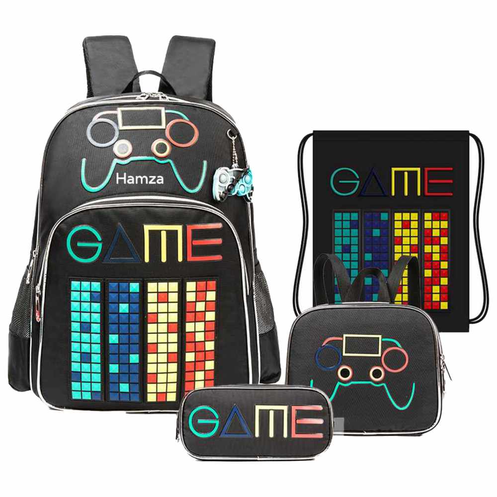 Eazy Kids - Personalized School Bag with Lunch Bag, Activity Bag And Pencil Case - Gamer 