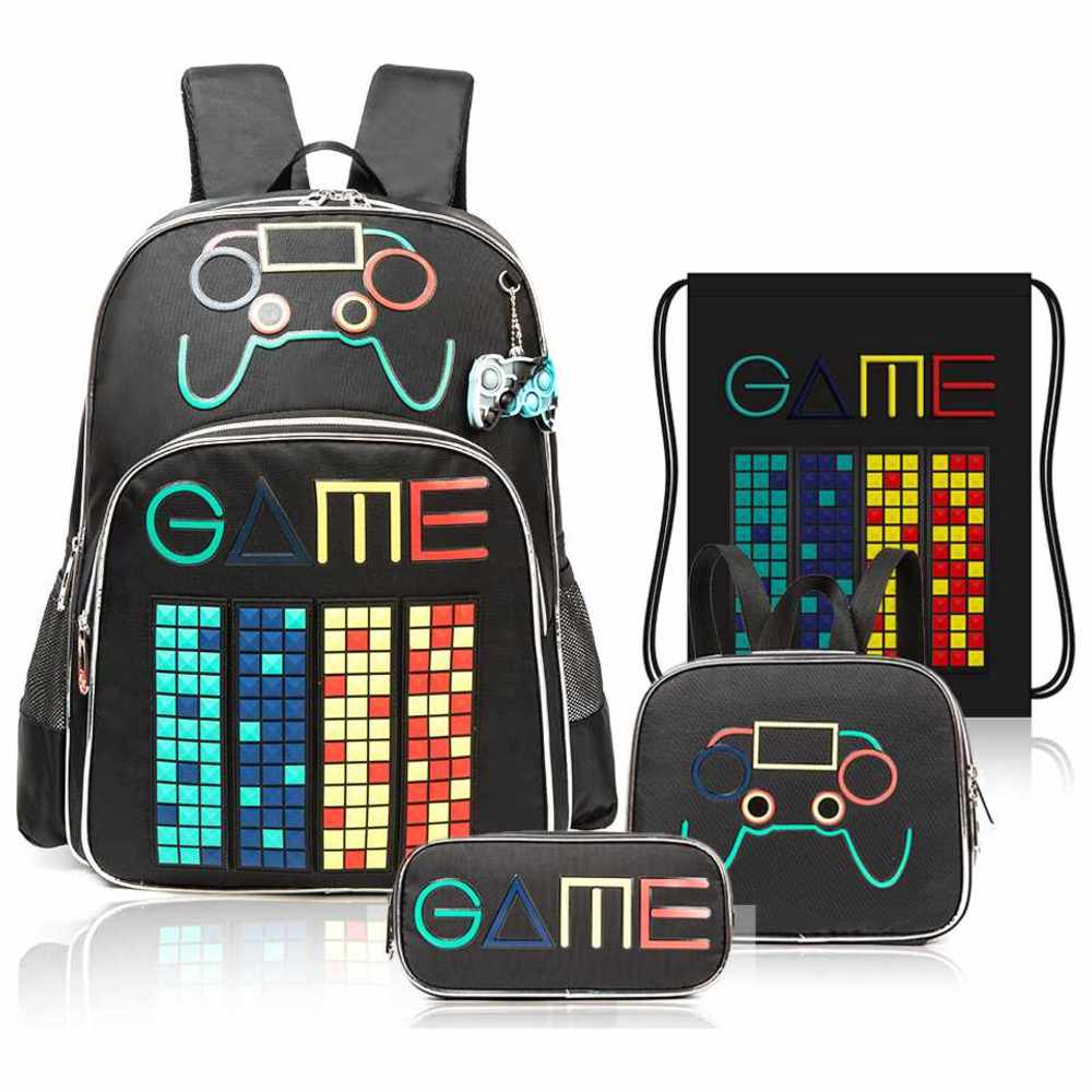 Eazy Kids - Personalized School Bag with Lunch Bag, Activity Bag And Pencil Case - Gamer 