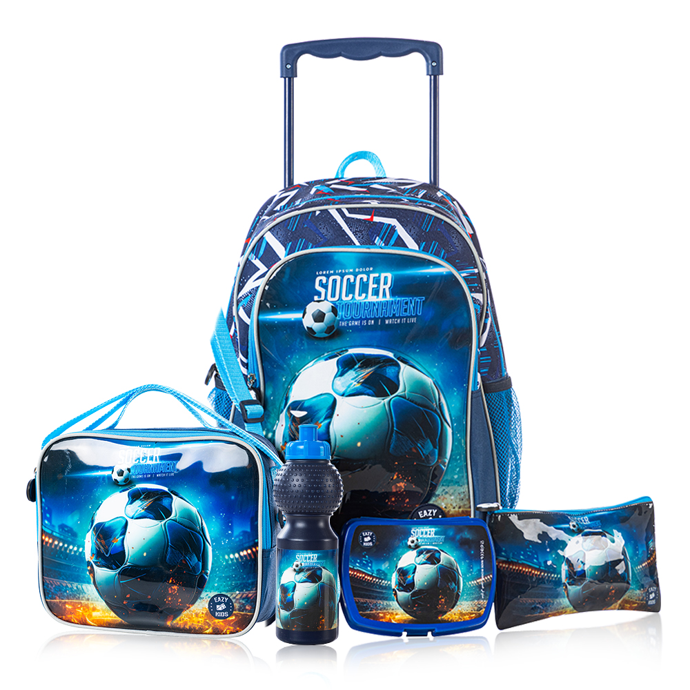 Eazy Kids - Trolley School Bag Combo 5Pc Set - Football - 16-Inch/41cm