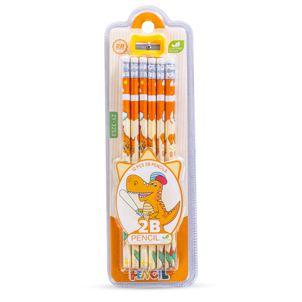 Eazy Kids - 2B Pencils with Eraser & Sharpener 12pc Set - Orange