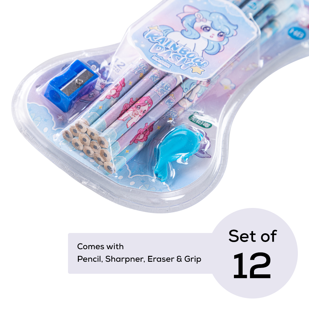 Eazy Kids - HB Pencil With Eraser & Grip 12pc Set - Blue