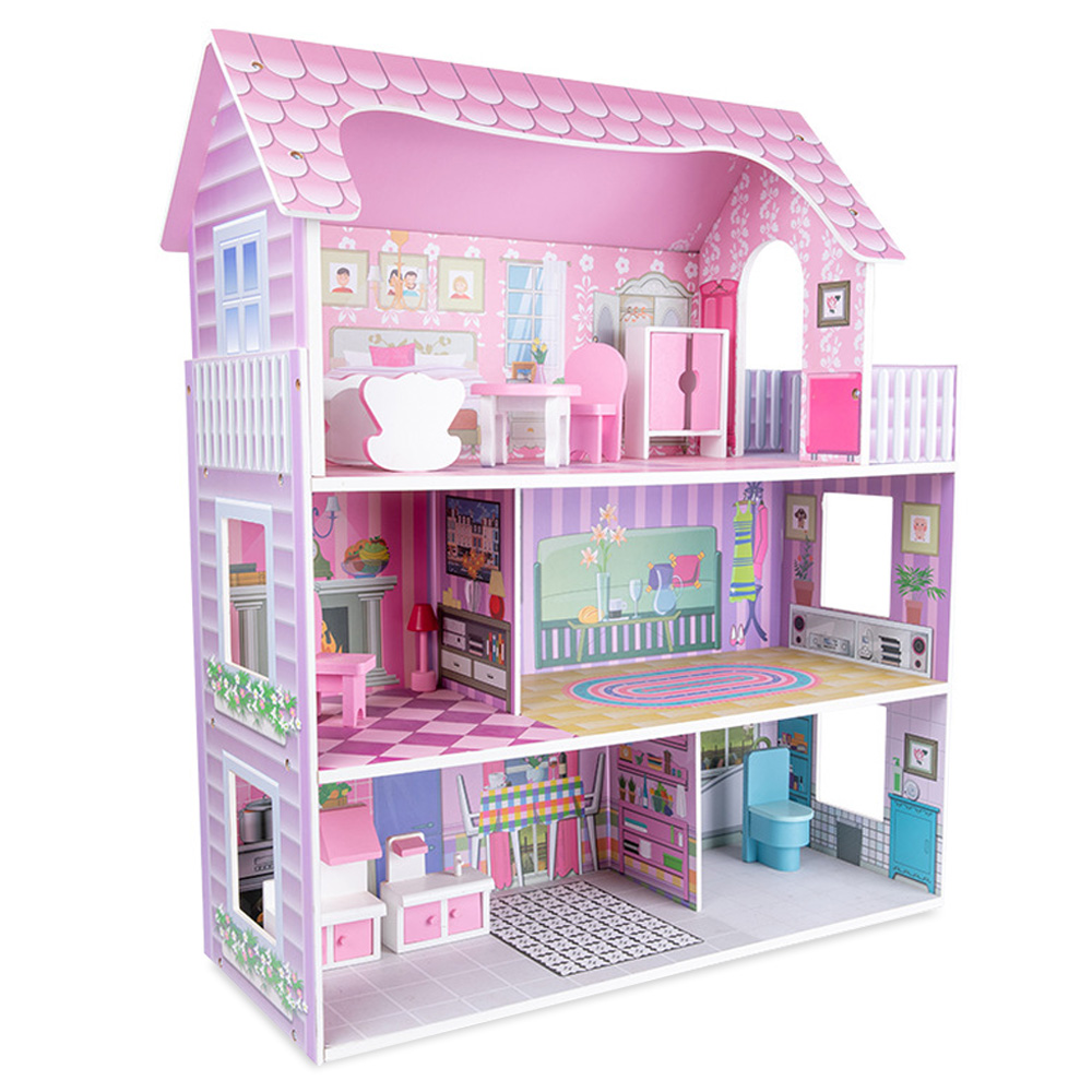 Little Story - Wooden Dollhouse Triple Floor Castle Villa - Pink