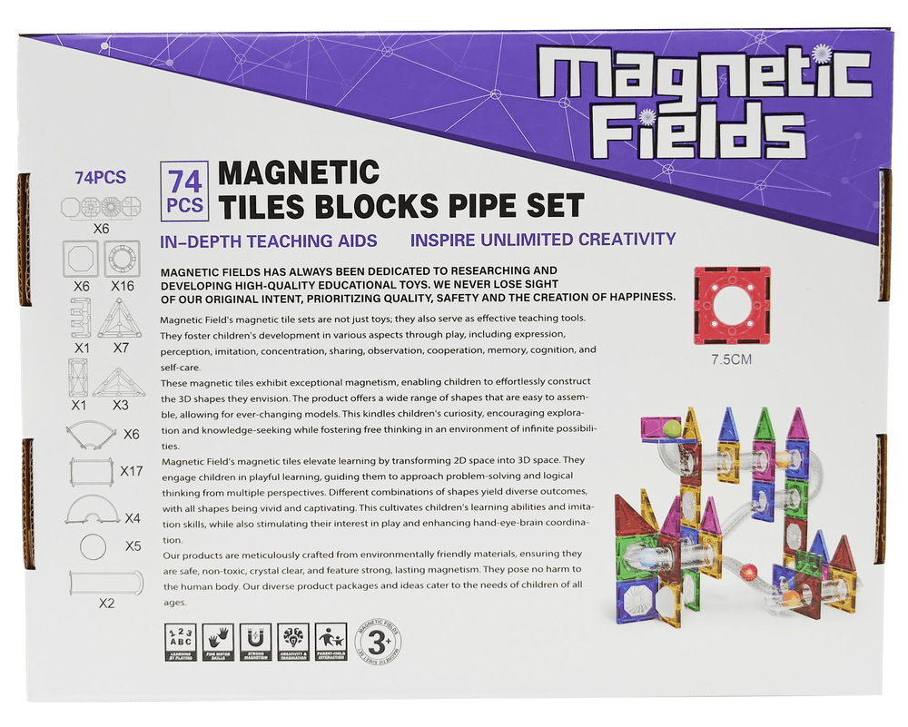Magnetic Fields - Magnetic Tiles Blocks Pipe Set - 74 Pcs