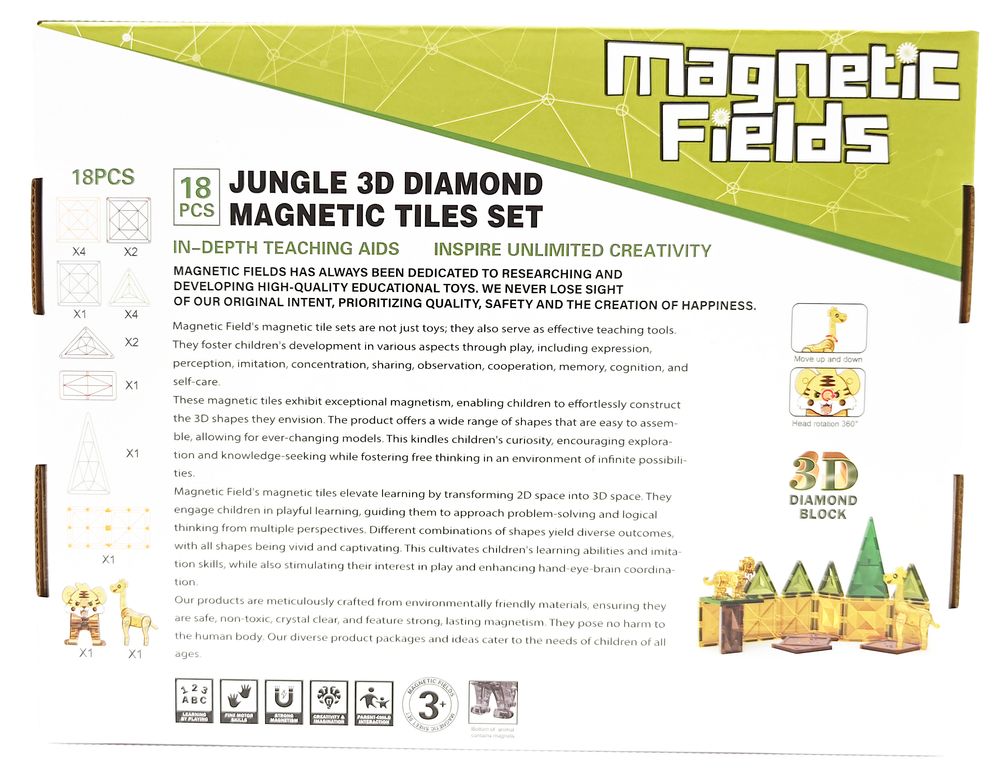 Magnetic Fields - Jungle 3D Diamond Magnetic Tiles Set - 18 Pcs
