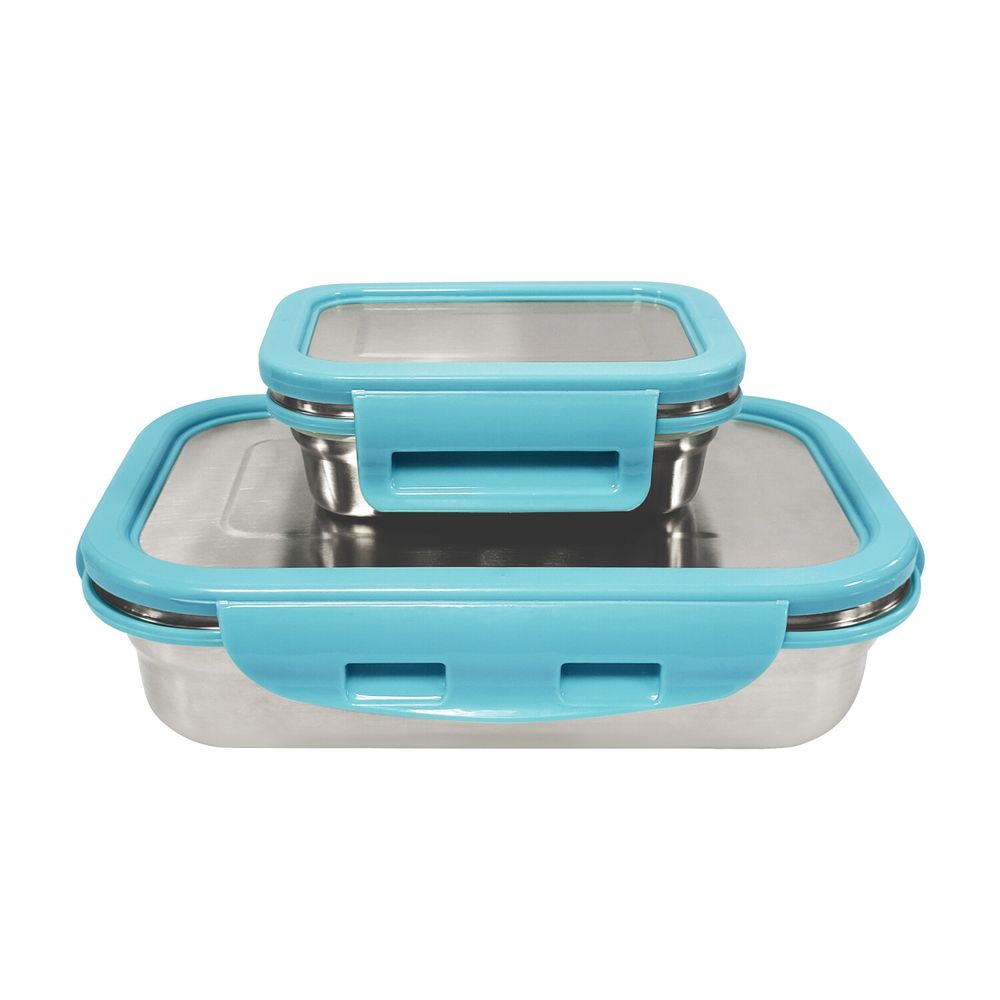 Borosil - Stainless Steel Rectangular Lunch Box Set - Blue - 2 Pcs - 1 L