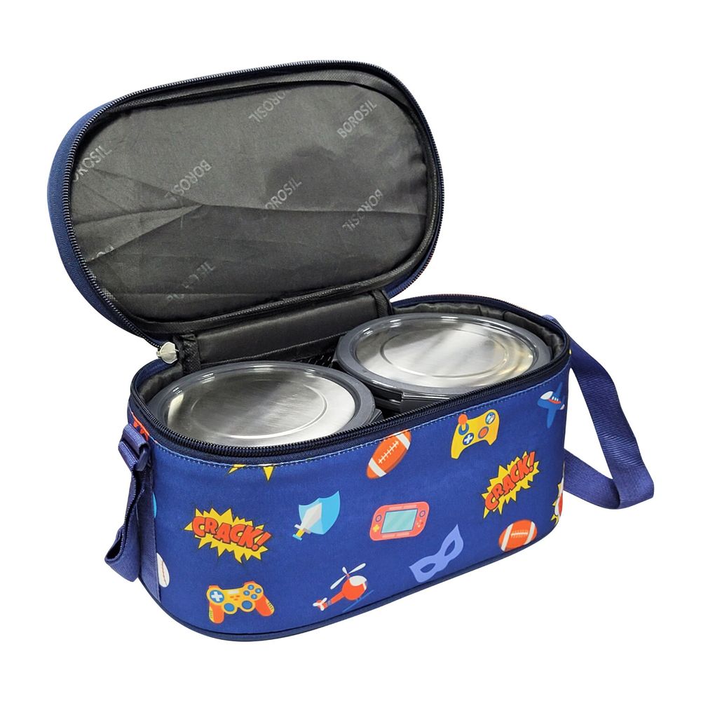 Borosil - Stainless Steel Round Lunch Box With Carry Bag Set - Blue - 5 Pcs