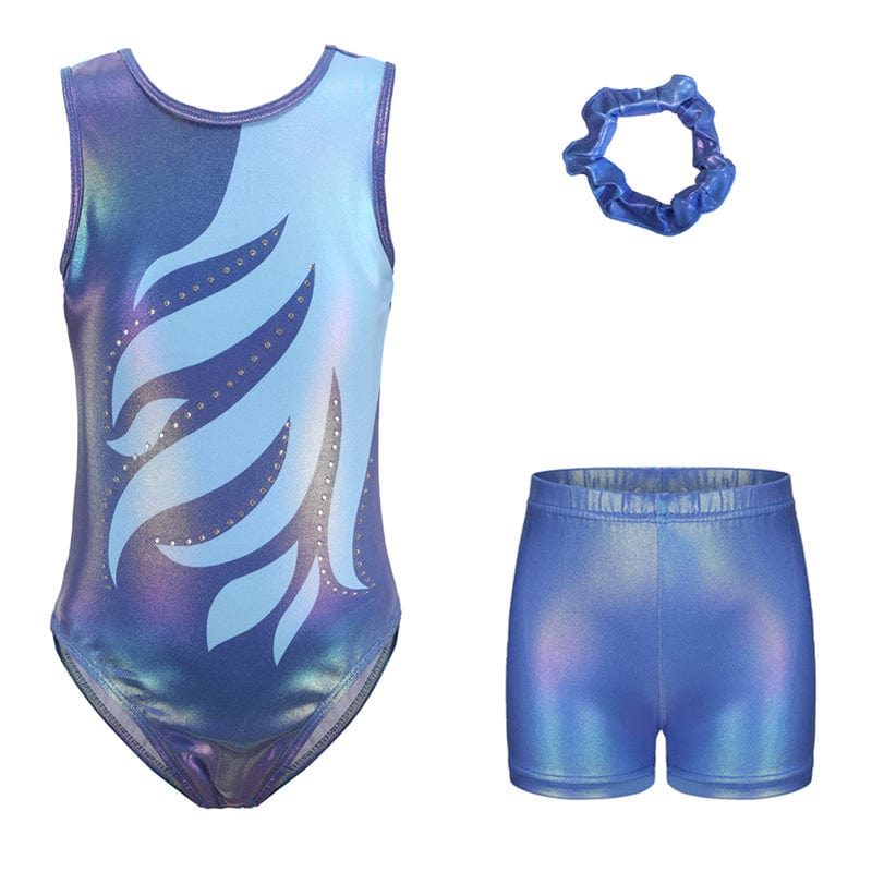 Onesports 3pc-Set - Girl's Flip Zone Gymnastics Leotard, Shorts & Scrunchie - Blue
