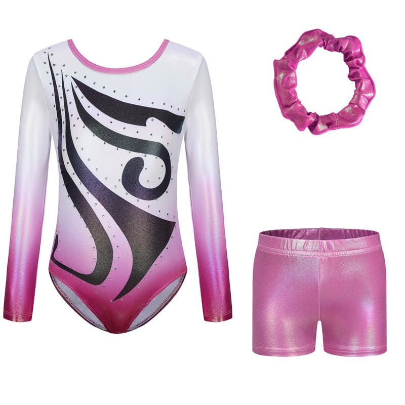 Onesports 3pc-Set - Girl's Zyra Gymnastics Leotard, Shorts & Scrunchie - Magenta