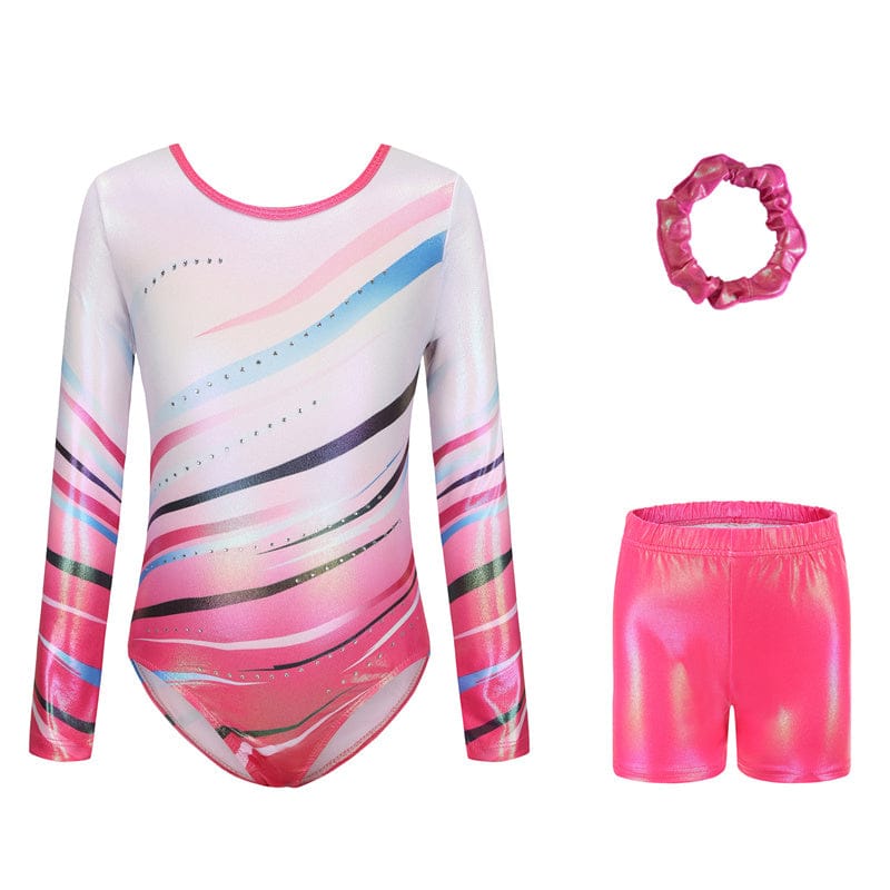 Onesports 3pc-Set - Girl's Linea Gymnastics Leotard, Shorts & Scrunchie - Multicolor