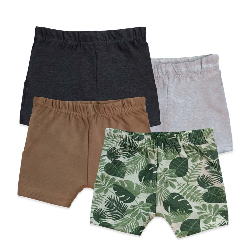 Luay - Cotton Brown, Black, Grey & Leaves Pattern Shorts - 4pc-Set