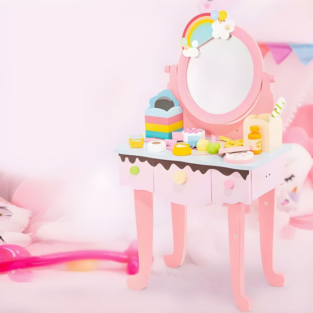 Factory Price - Kids Wooden Makeup Set With Table - 15+ Pcs