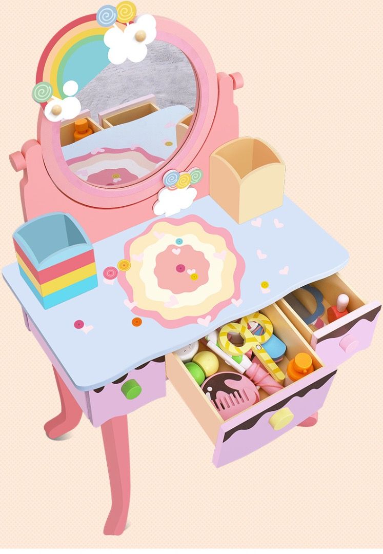 Factory Price - Kids Wooden Makeup Set With Table - 15+ Pcs