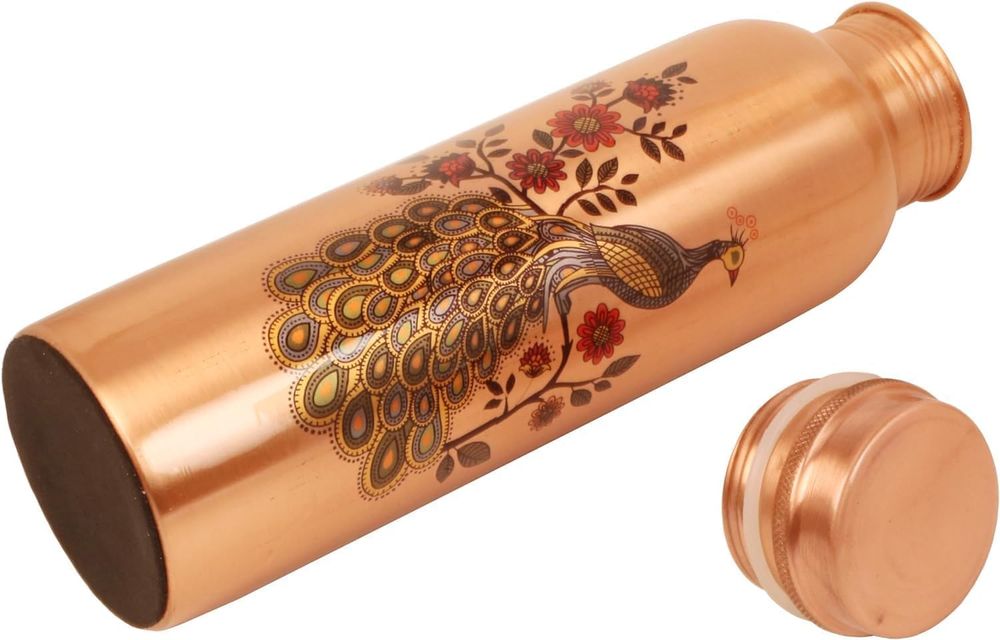 Voidrop Peacock Printed Pure Copper Water Bottle & Glass Set - Brown - 3 Pcs